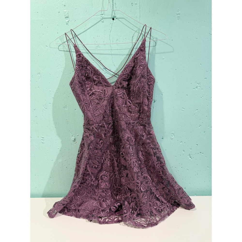 Lulus Mauve Purple Lace Glitter Open Back Fit & Flare Cocktail Dress Large